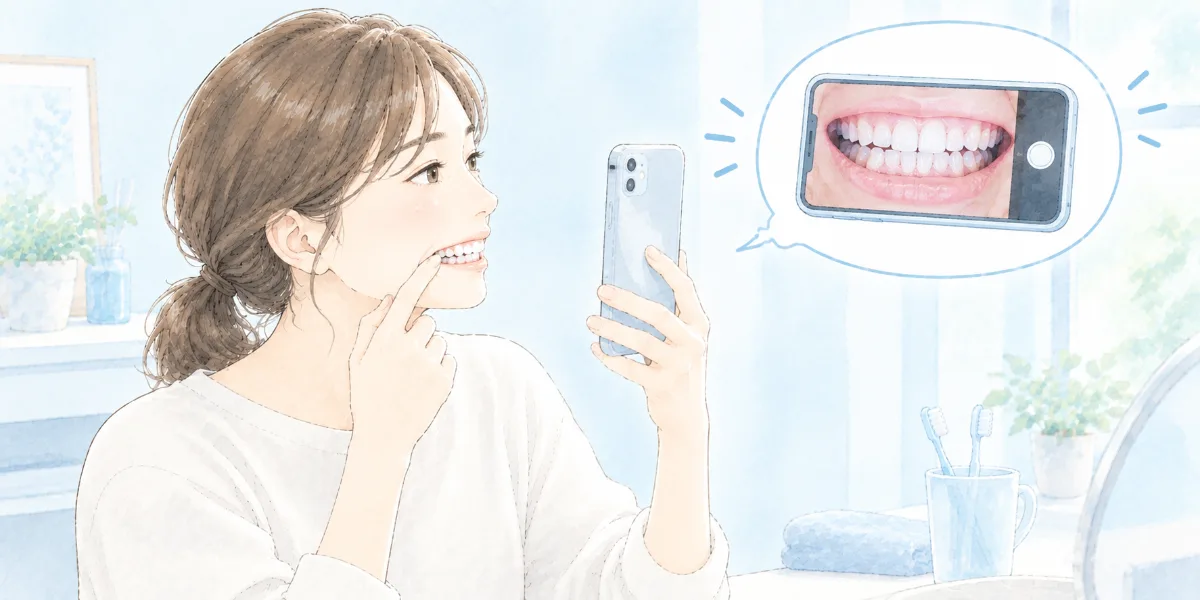 スマホで歯の写真を撮ってアプリに送る女性のイラスト
