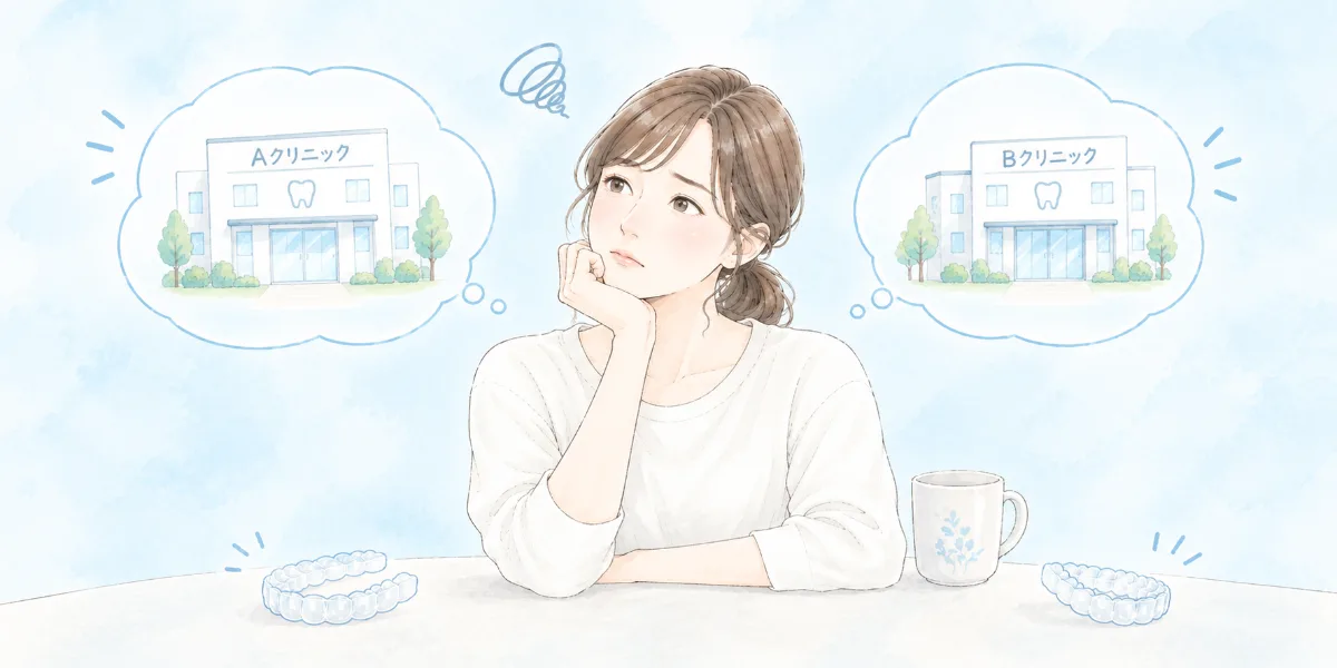 2つのクリニックのどちらにするか迷っている女性のイラスト